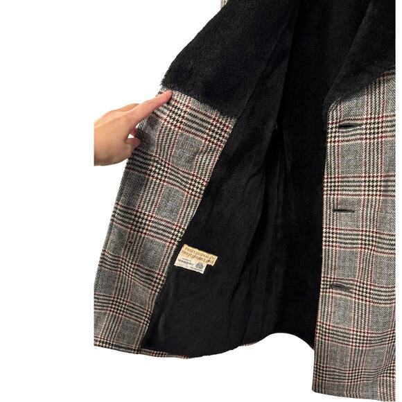 Huckberry Vintage M Plaid Wool Shearling Coat $550 Wide Lapel Long Jacket Gray - Picture 4 of 11